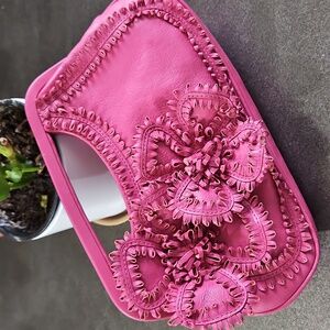 Isabella Fiore Punk Leather Satchel Clutch Bag Floral Applique